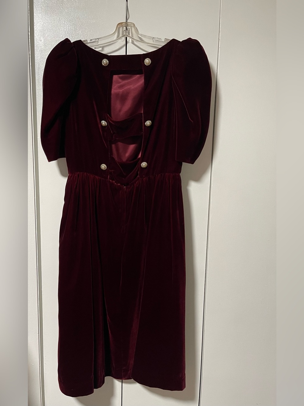 Victor Costa Burgundy Velvet Prom Dress with Pearl Buttons